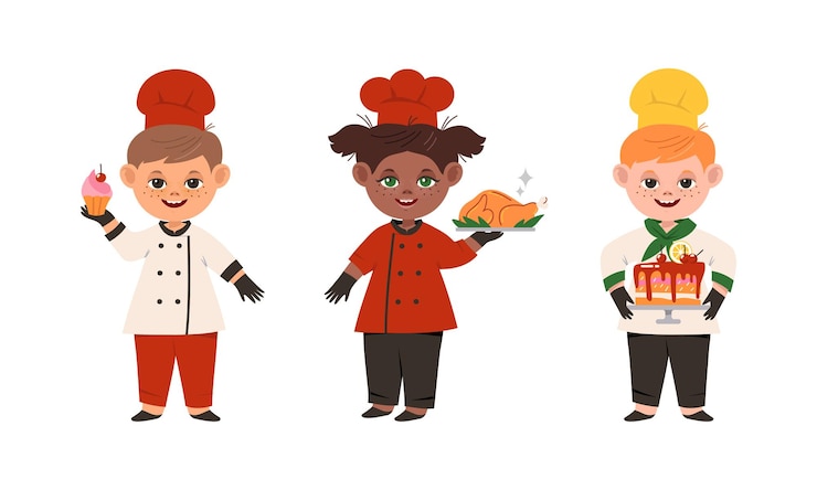 Vector niños cocineros en conjunto uniforme niños alegres cocinando platos sabrosos ilustración vectorial de dibujos animados