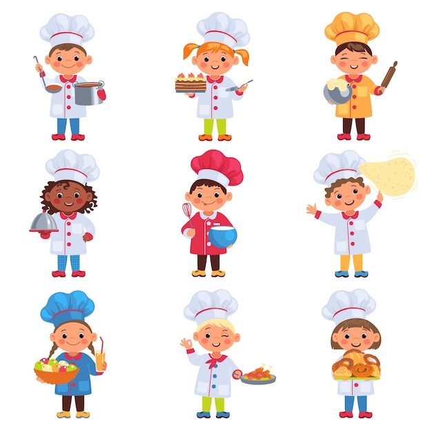 Niños cocineros Pequeños chefs con utensilios de cocina Niños y niñas cocinando Sombreros de cocina y ropa de trabajo Formación profesional Niños horneando pasteles o pan Conjunto de trabajadores de cocina vectorial
