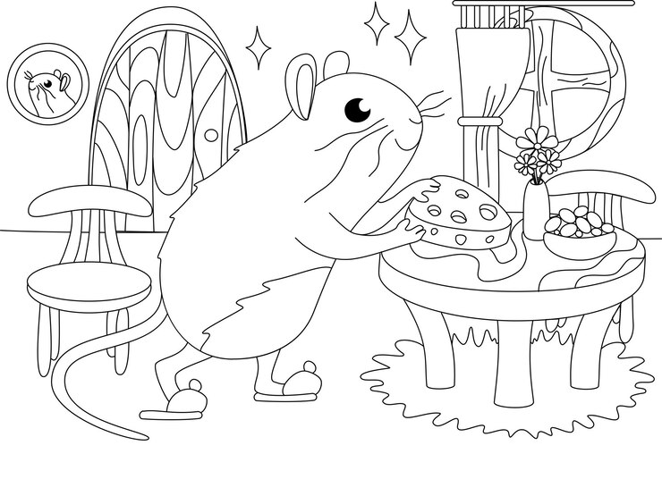 Vector niños coloreando el interior de la casa del ratón de visón vector de dibujos animados