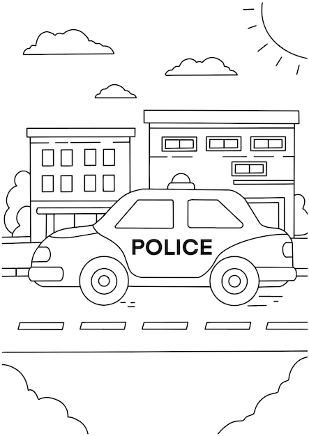 Niños coloreando la página del libro coche de policía en la ilustración de la ciudad