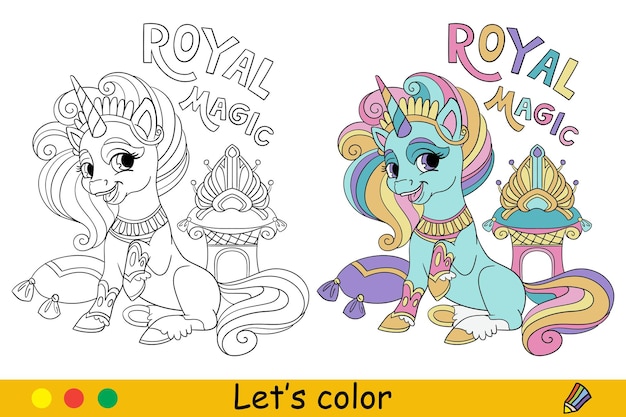 Niños coloreando con plantilla unicornio lindo con vector de letras