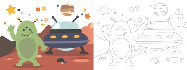 Niños para colorear ilustración de libros aIien en el planeta Marte