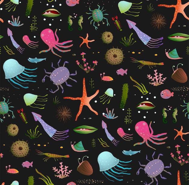 Niños coloridos dibujos animados vida marina sin fisuras de fondo en negro. fondo de pantalla vectorial de criaturas marinas.