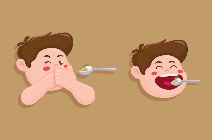 Vector niños comen comida problema personaje símbolo de dibujos animados ilustración de dibuyos animados vector