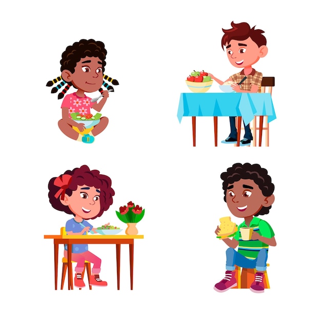 Los niños comen ensalada saludable plato natural conjunto de vectores. niños y niñas comiendo ensalada de comida deliciosa comida saludable, fruta de manzana, sándwich y bebida. personajes planos dibujos animados ilustraciones