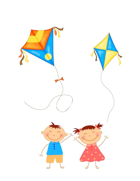 Niños con cometas de colores para la celebración del festival happy makar sankranti. vector.