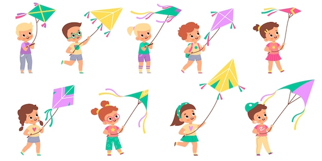 Niños con cometas Niños felices vuelan cometas de colores en el cielo Colección de diferentes colores Diseño de formas Chicos y chicas lindos con juguetes controlados por el viento Gente aficiones dibujos animados vectoriales conjunto aislado