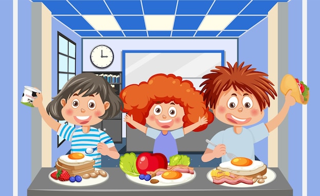 Vector niños comiendo alimentos saludables