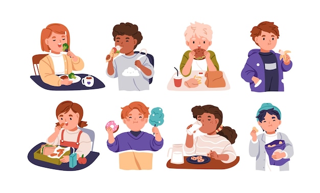 Niños comiendo bocadillos de alimentos saludables y no saludables Niños almorzando Niños y niñas con sándwich de postre de la caja de almuerzo Nutrición de niños Ilustración vectorial plana aislada sobre fondo blanco