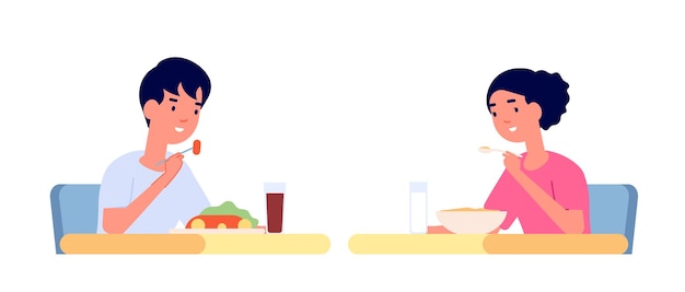 Niños comiendo. Comida saludable, los niños comen bocadillos y beben en la mesa. Desayuno de jardín de infantes de niño niña de dibujos animados, Ilustración de vector de almuerzo infantil. Los niños comen desayuno, comida deliciosa y refrigerio.