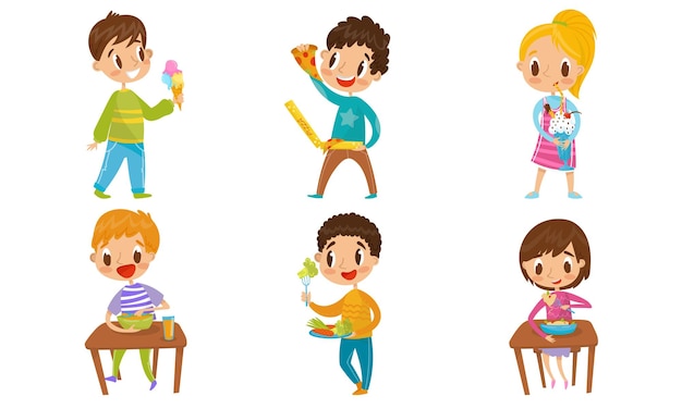 Niños comiendo diferentes tipos de alimentos verduras verdes saludables y comida rápida con malas calorías Concepto de dieta Ilustración vectorial personaje de dibujos animados aislado sobre fondo blanco