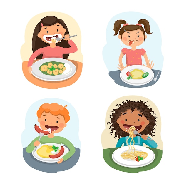 Vector niños comiendo. hermosos niños disfrutando de un almuerzo saludable en la cafetería.