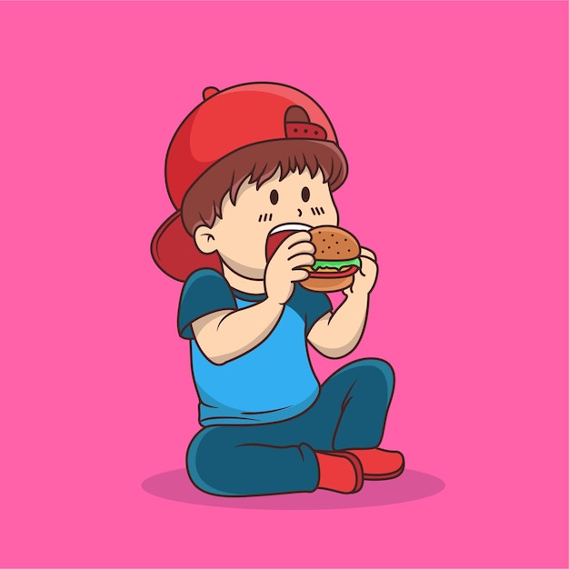 Niños comiendo ilustración de vector de dibujos animados de hamburguesa