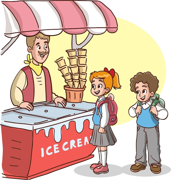 Vector niños comprando helado de la heladería ilustración vectorial de dibujos animados