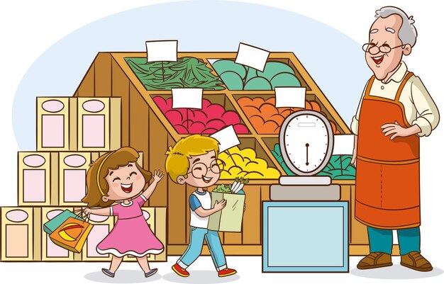 Niños comprando en el puesto de una tienda de comestibles o en el mercado