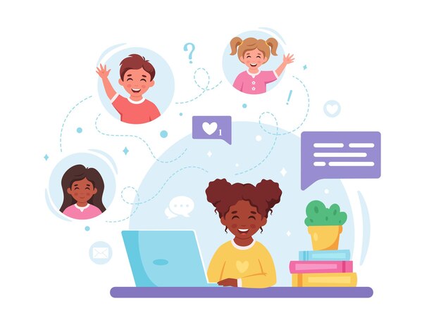 Niños comunicándose en línea Videollamada con amigos chateando en línea Estudiando en línea