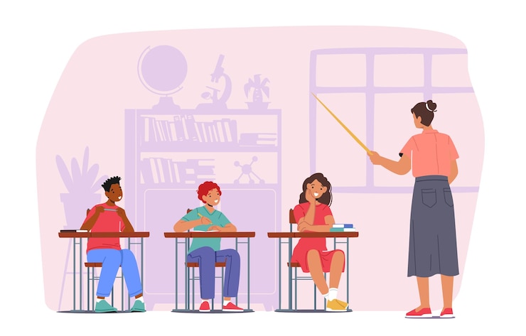Vector niños en el concepto de lección personajes infantiles con el maestro en el aula niños o niñas sentados en el escritorio en la educación de clase