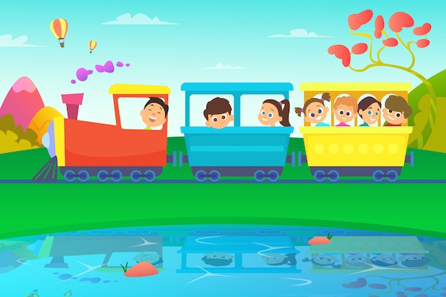 Niños conduciendo un tren en el mundo de los cuentos de hadas.
