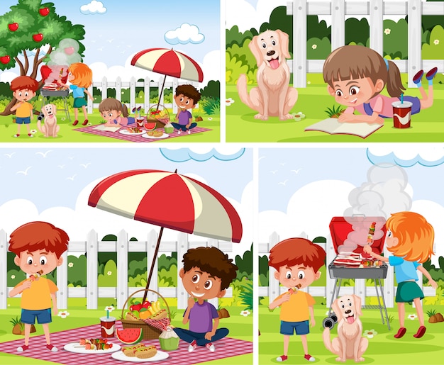 Niños con conjunto de fondo al aire libre.