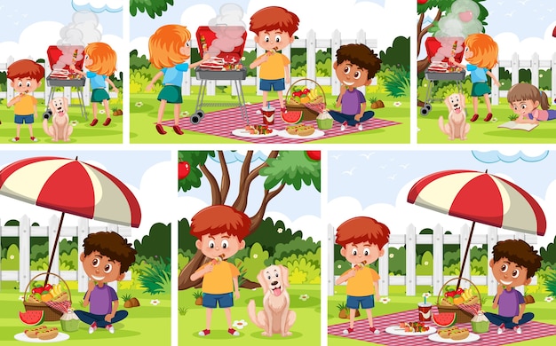 Niños con conjunto de fondo al aire libre.