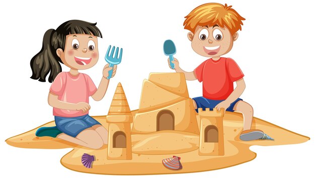 Los niños construyen castillos de arena en la playa