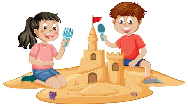 Los niños construyen juntos un castillo de arena