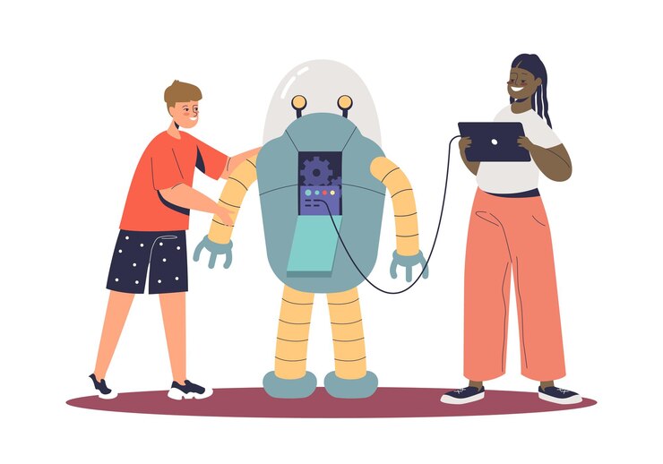 Vector niños creando robots. pequeño niño y niña haciendo programación de tecnología robótica moderna invención futurista. niños y concepto de construcción mecánica. ilustración de vector plano de dibujos animados