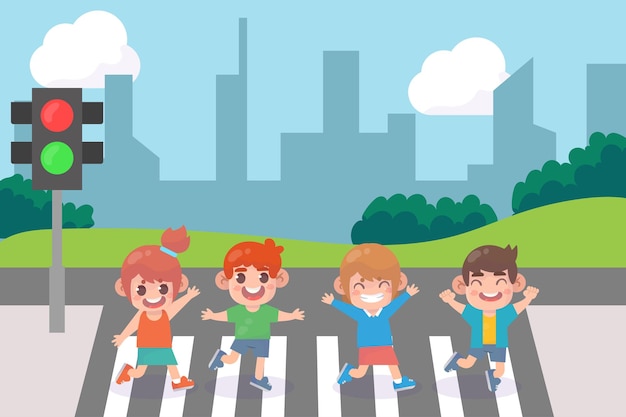 Niños cruzando el cruce de la ciudad con semáforos.