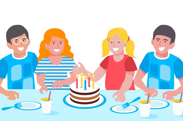 Vector niños de cumpleaños. chicas y chicos lindos. niños sonrientes felices. fiesta de cumpleaños. torta dulce.