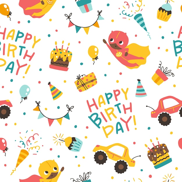 Niños cumpleaños de patrones sin fisuras Vector festivo dibujos animados doodle fondo en estilo infantil