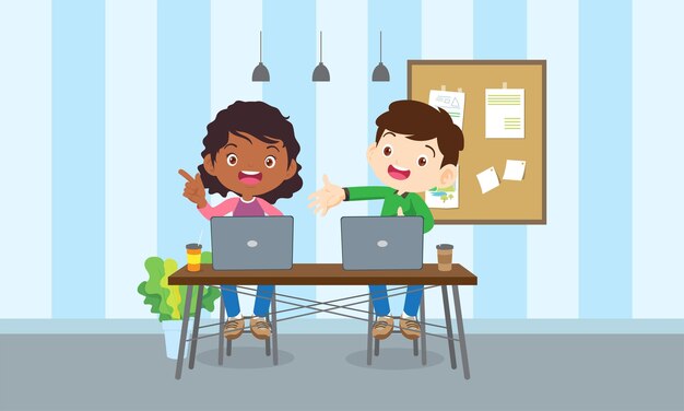 Vector niños en cursos de educación de aprendizaje en línea