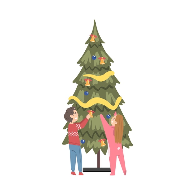 Niños decorando el árbol de Navidad con bolas y guirnaldas Niño abd Niña preparándose para la celebración de vacaciones Feliz Navidad y Año Nuevo Ilustración vectorial de estilo de dibujos animados