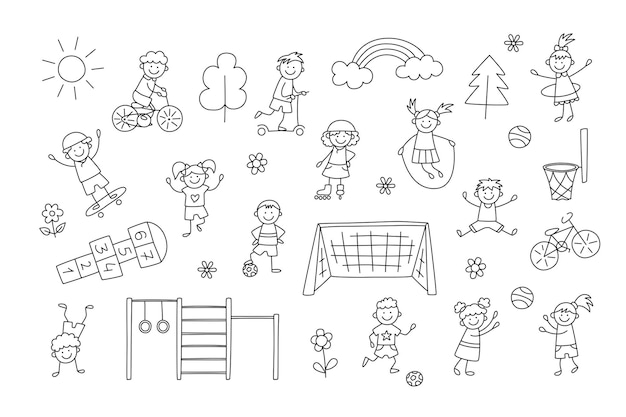 Niños de deporte activo. Los niños pequeños divertidos juegan, corren y saltan. Conjunto de elementos en estilo doodle infantil. Ilustración de vector dibujado a mano