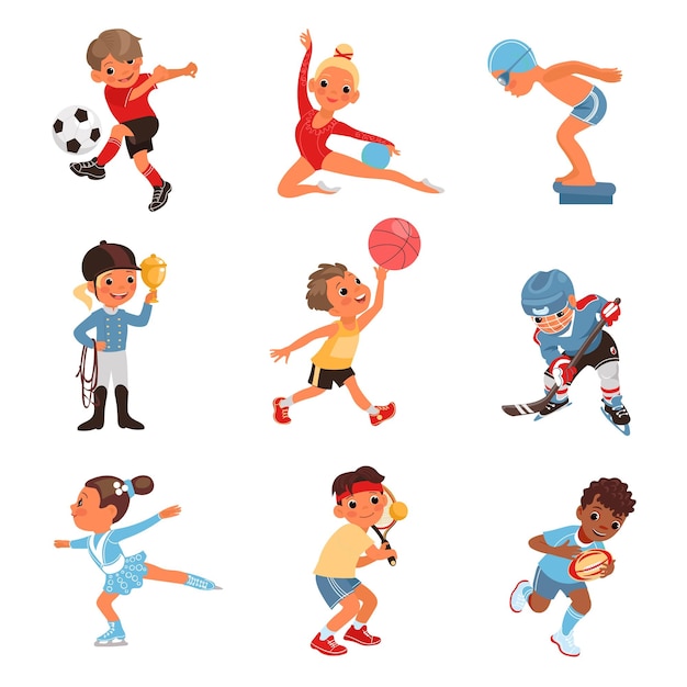 Niños deportivos Pequeños atletas lindos Niños y niñas tienen diferentes accesorios Deportistas con palos de hockey y raquetas Pelotas o palos Actividades para niños Jugador de tenis o fútbol Espléndido conjunto de vectores