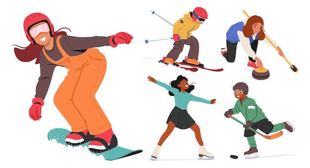 Los niños se deslizan alegremente en la nieve brillante envueltos en coloridos equipos de invierno dominando con gracia el arte del patinaje sobre hielo el snowboard el hockey y el curling los deportes de invierno Ilustración vectorial de dibujos animados
