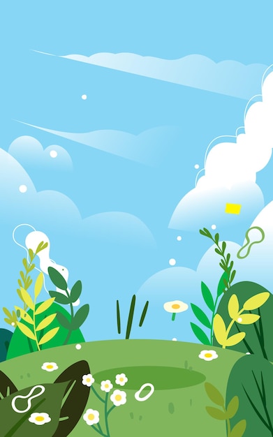 Los niños del día de los niños juegan con globos con plantas y nubes en el vector de fondo