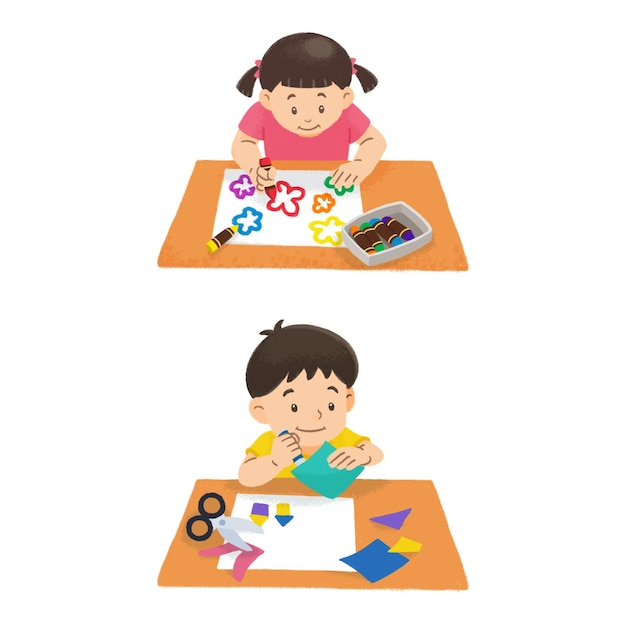 Niños dibujados a mano dibujando y haciendo manualidades.