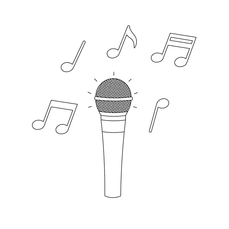 Vector niños dibujados a mano dibujo ilustración vectorial micrófono y nota musical dibujos animados planos aislados