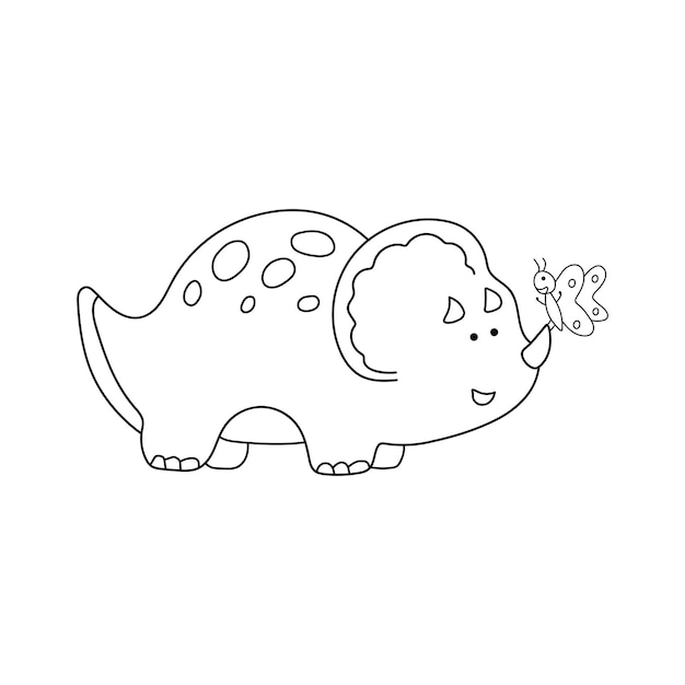 Niños dibujados a mano estilo de dibujo divertido lindo dinosaurio triceratops verde con pequeña mariposa