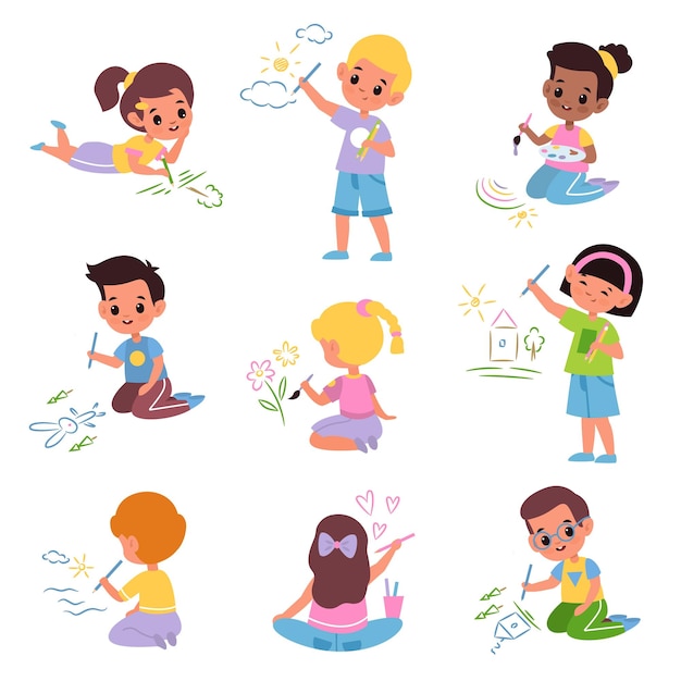 Los niños dibujan a los niños pequeños con lápices de colores, los jóvenes artistas con pinceles y pinturas, los niños y las niñas pintan todo a su alrededor, la escuela y el jardín de infantes, clase de arte, vector, dibujos animados, conjunto aislado.