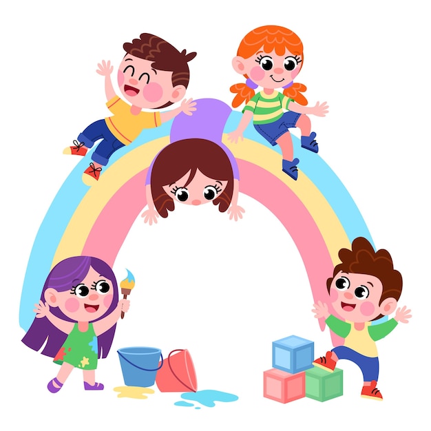 Vector los niños dibujan y se sientan en un arco iris en el juego de jardín de infantes diviértase tiempo activo
