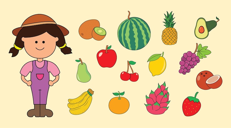 Vector niños dibujando un conjunto de ilustraciones vectoriales de frutas frescas y coloridas con un granjero