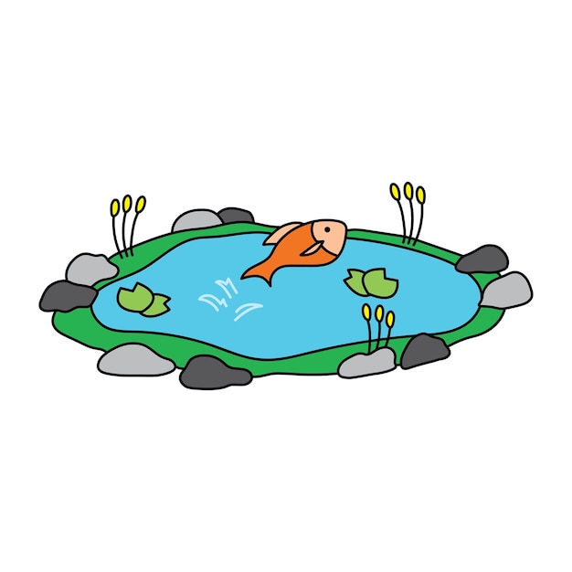 Niños dibujando dibujos animados ilustración vectorial lindo pez salta al icono del estanque aislado sobre fondo blanco