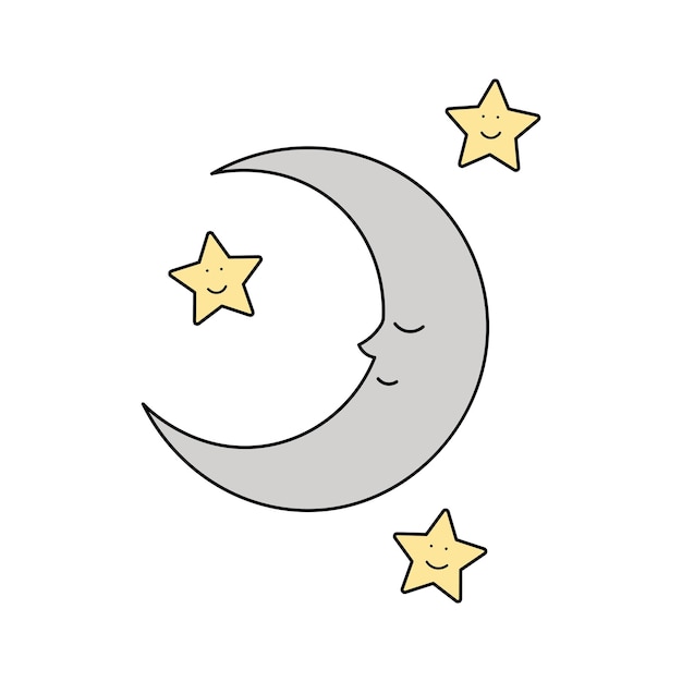 Niños dibujando dibujos animados Ilustración vectorial de la luna y las estrellas Icono aislado en fondo blanco