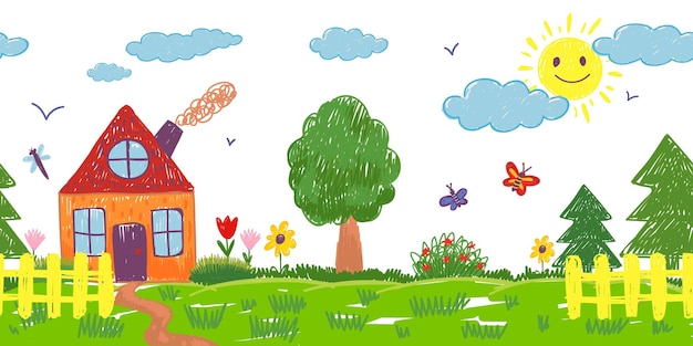 Niños dibujando jardín imagen pastel de lápiz de colores infantil con flor de casa y valla nube en el cielo pintura de niño pequeño casa familiar de la granja patrón vectorial sin costuras ilustración de dibujo de lápices de colores de jardín