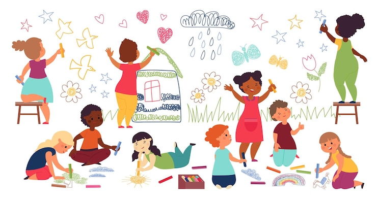 Vector niños dibujando con lápices de colores niños de jardín de infantes niños pintan en la pared y el piso jugando juntos escuela de arte infantil personajes vectoriales decentes