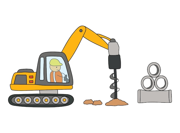 Vector niños dibujando vector ilustración del sitio de construcción con excavadora de perforación con pila de tuberías enormes