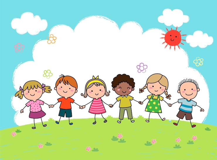 Vector niños de dibujos animados dibujados a mano tomados de la mano juntos al aire libre