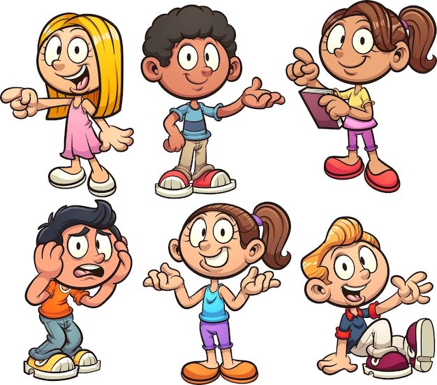 Vector niños de dibujos animados con diferentes poses y expresiones.