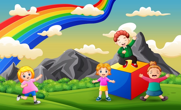 Niños de dibujos animados divirtiéndose en el campo